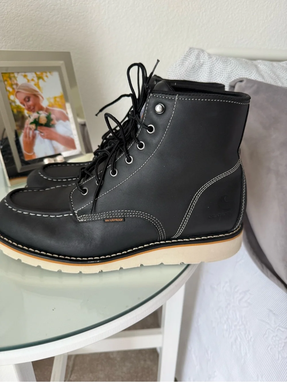 Carhartt Black Moc Toe Work Boots with Tan Outsole